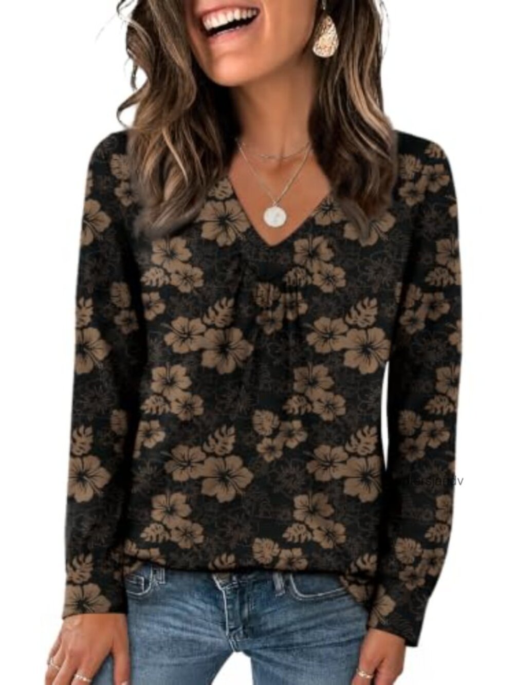 OFEEFAN Ruched V-Neck Long Sleeve Blouse Loose Fit Boho Fall Casual Top